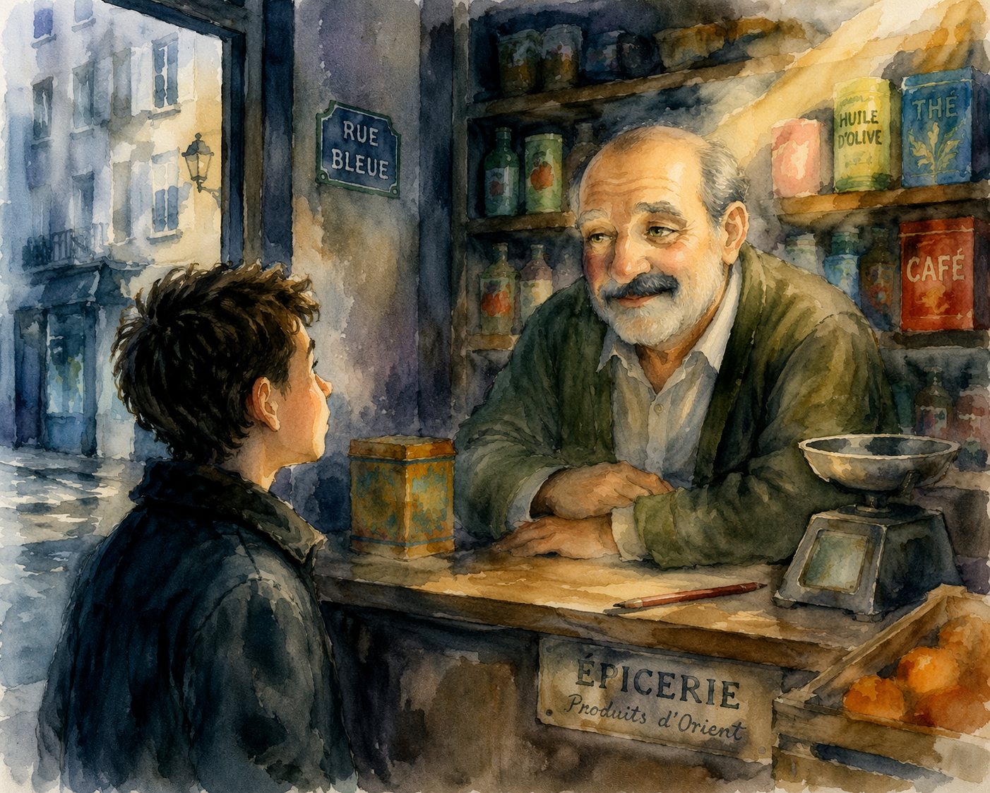 Illustration aquarelle : Momo et Monsieur Ibrahim dans l'épicerie de la Rue Bleue