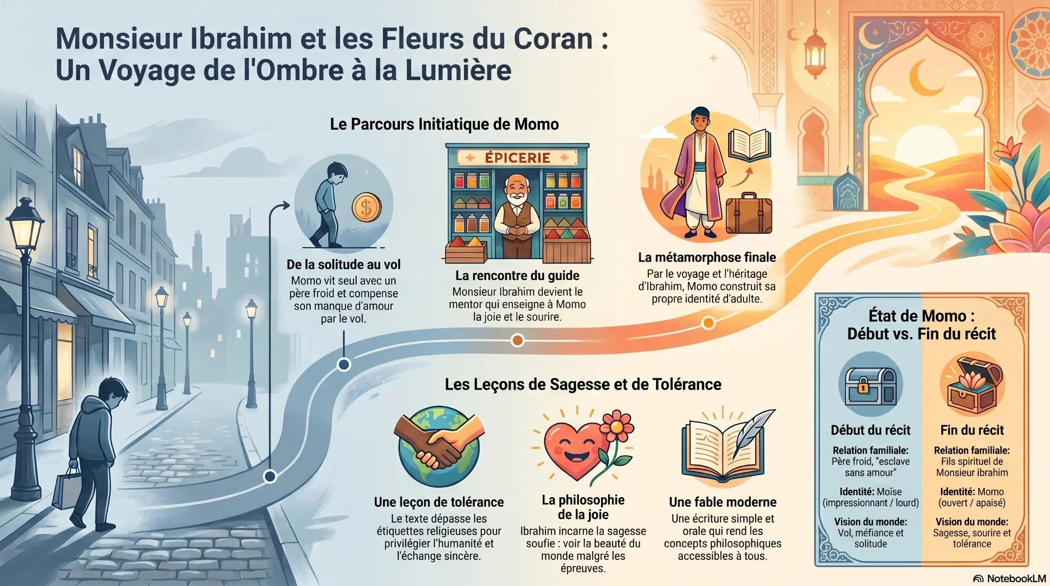 Infographie : Monsieur Ibrahim et les Fleurs du Coran — Un Voyage de l'Ombre à la Lumière